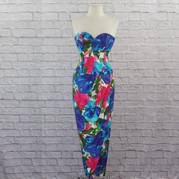 Vintage 90s Victor Costa Tulip Hem Floral Strapless Gown - Picture 1 of 13